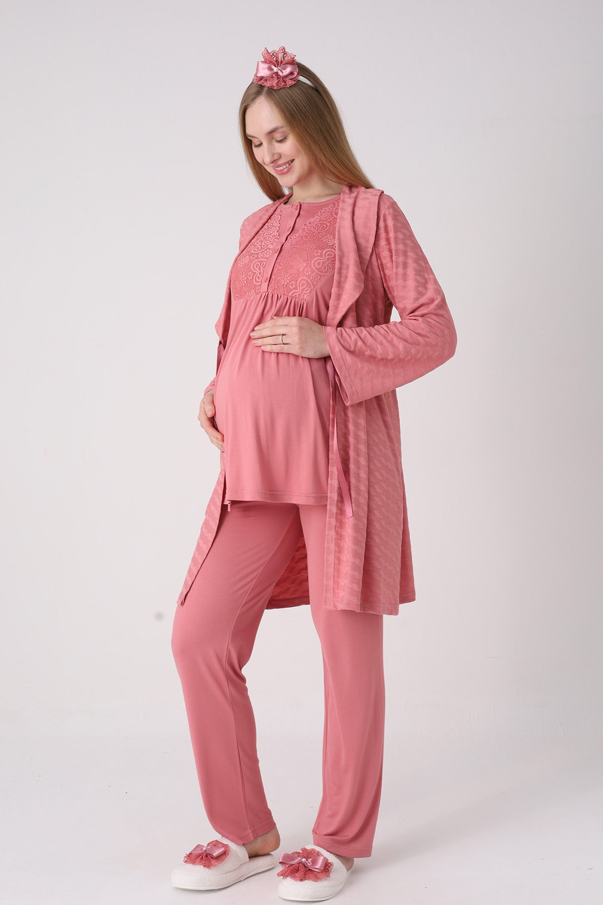 Delicate Lace Collar 3-Piece Maternity-Nursing Pajama & Jacquard Robe Set Pomegranate Red - 3475