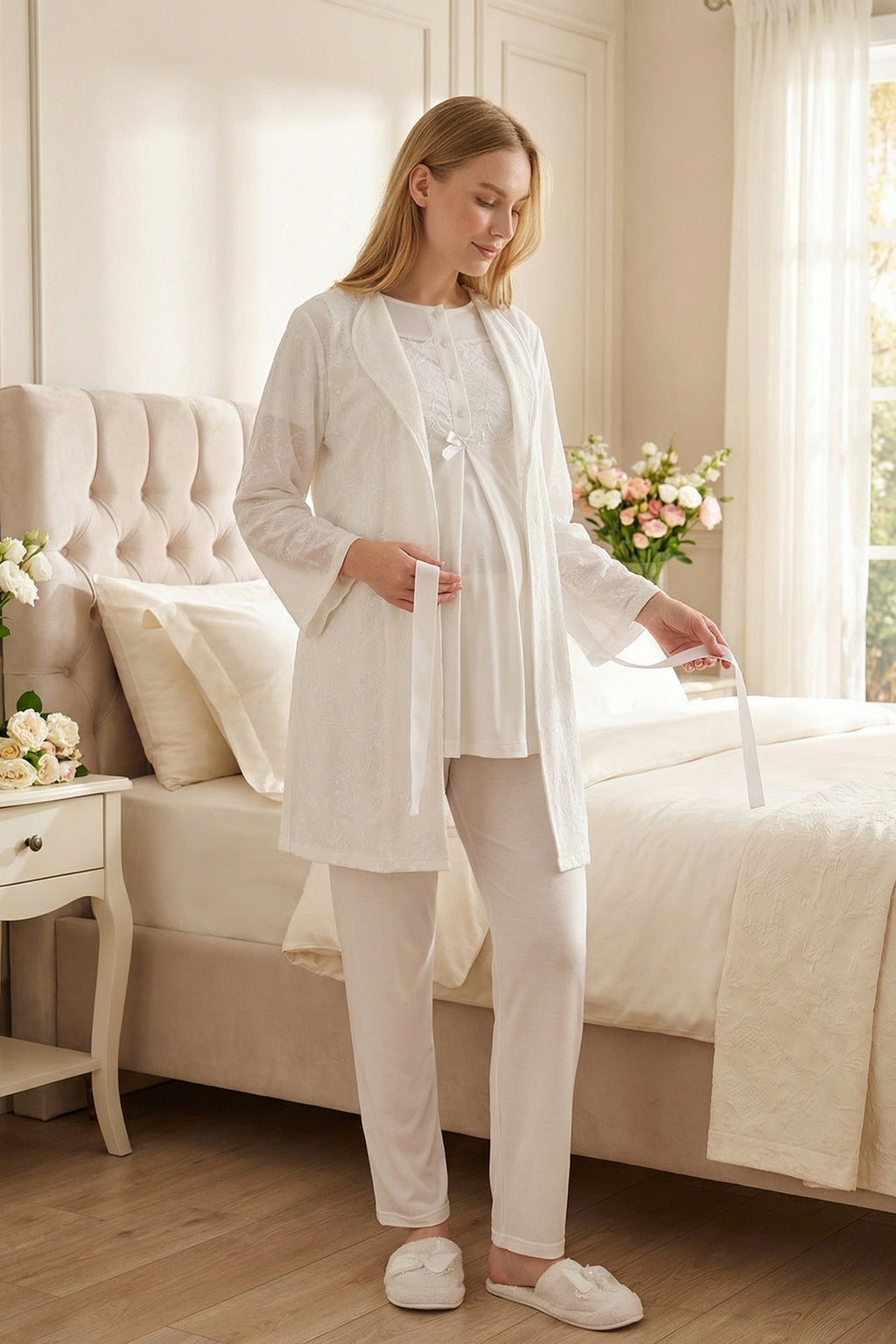 Classy Lace Collar 3-Piece Maternity-Nursing Pajama & Jacquard Robe Set Ecru - 3476