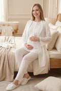 Classy Lace Collar 3-Piece Maternity-Nursing Pajama & Jacquard Robe Set Ecru - 3476