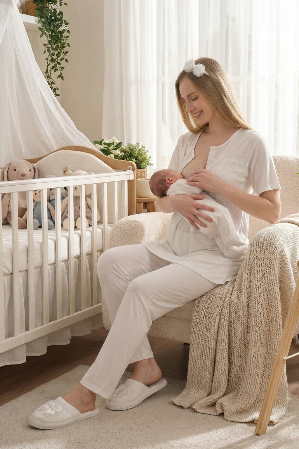 Classy Lace Collar 3-Piece Maternity-Nursing Pajama & Jacquard Robe Set Ecru - 3476