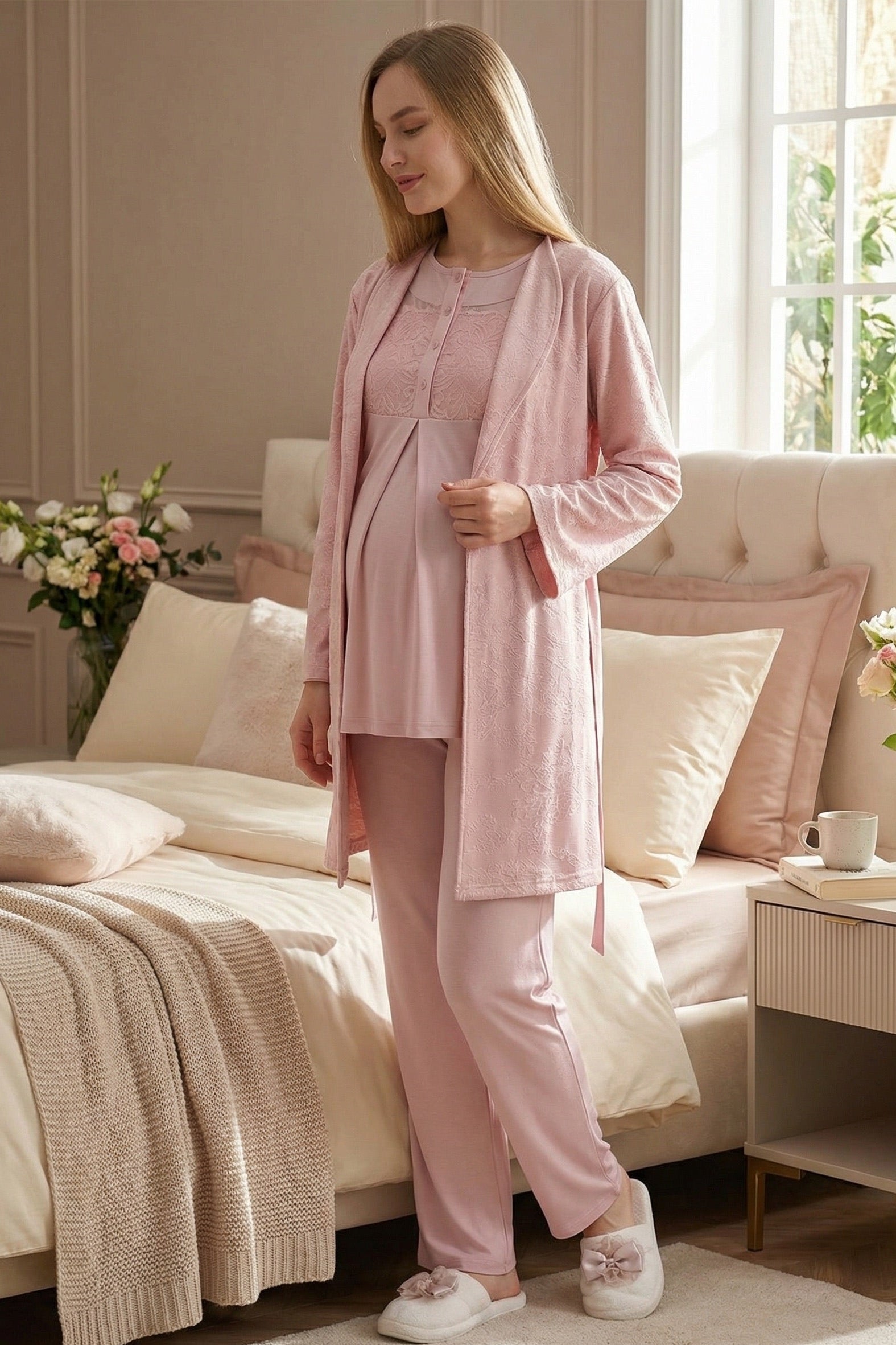 Classy Lace Collar 3-Piece Maternity-Nursing Pajama & Jacquard Robe Set Powder - 3476