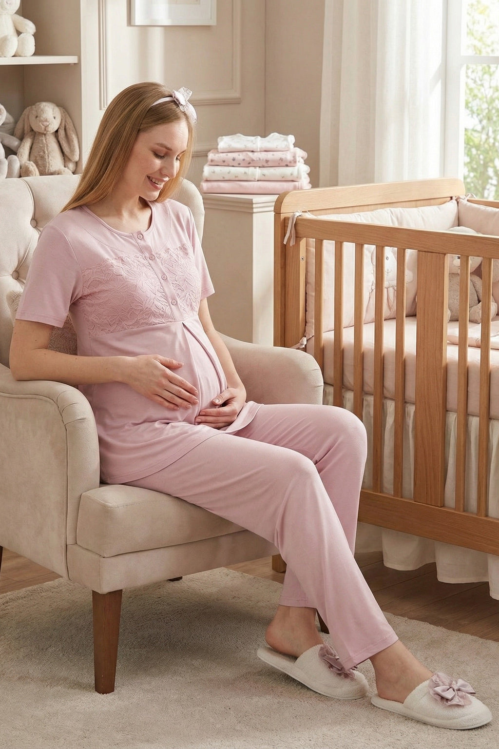 Classy Lace Collar 3-Piece Maternity-Nursing Pajama & Jacquard Robe Set Powder - 3476