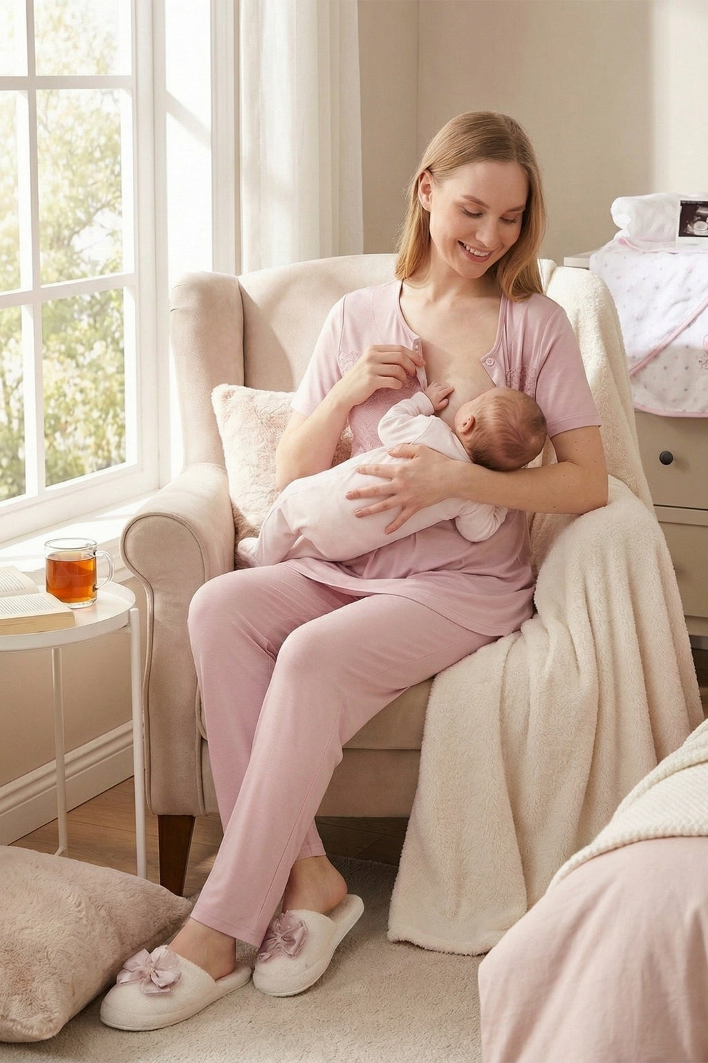 Classy Lace Collar 3-Piece Maternity-Nursing Pajama & Jacquard Robe Set Powder - 3476