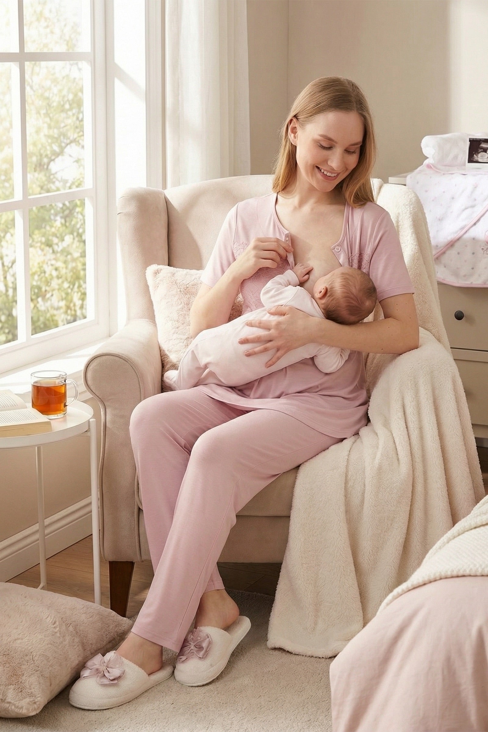 Classy Lace Collar 3-Piece Maternity-Nursing Pajama & Jacquard Robe Set Powder - 3476
