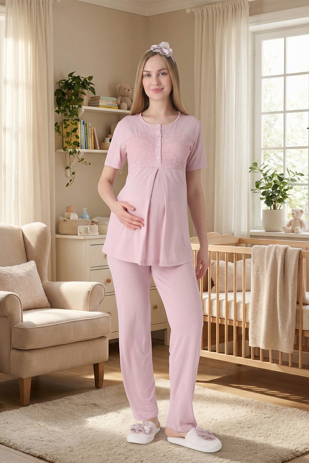 Classy Lace Collar 3-Piece Maternity-Nursing Pajama & Jacquard Robe Set Powder - 3476