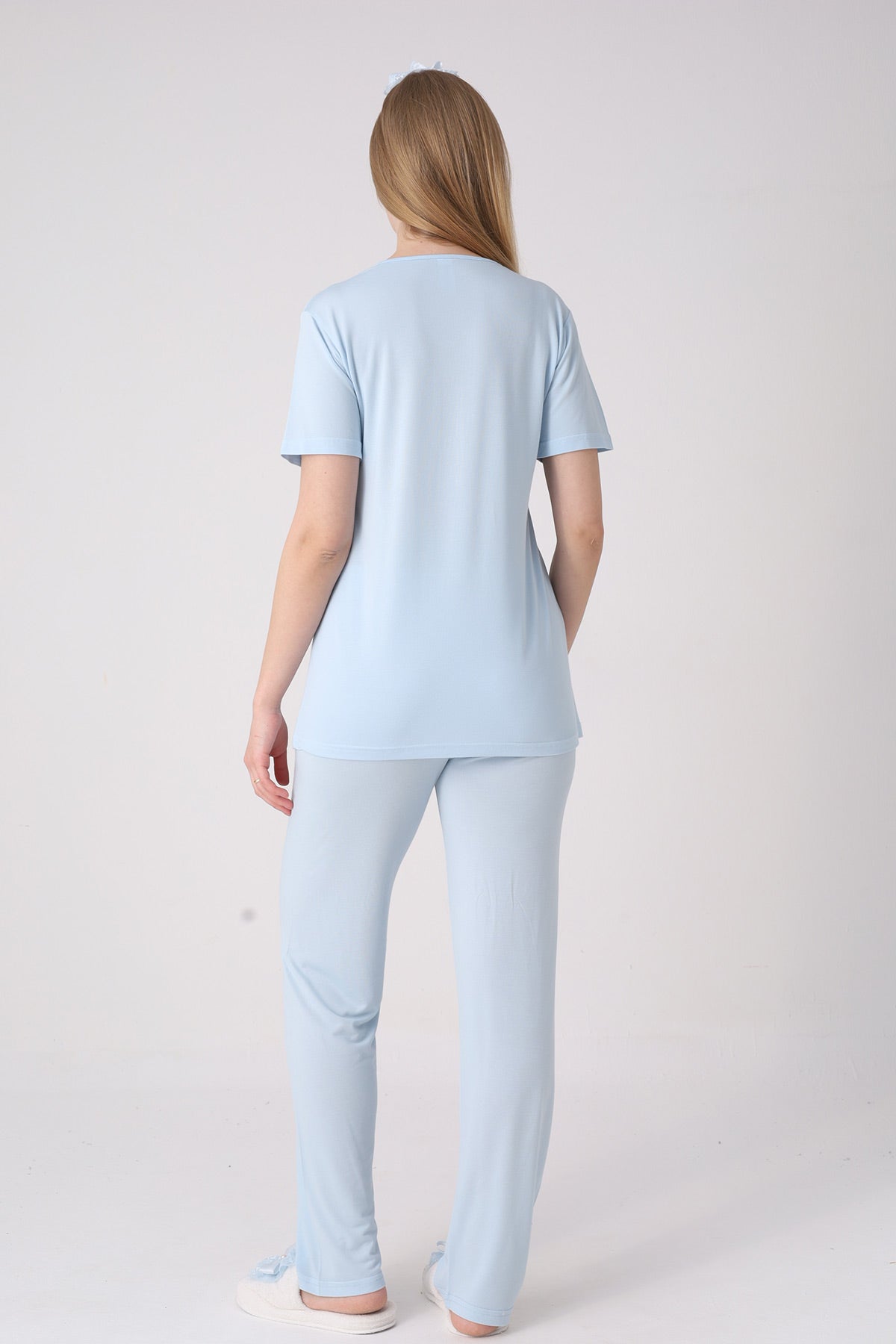Classy Lace Collar 3-Piece Maternity-Nursing Pajama & Jacquard Robe Set Blue - 3476
