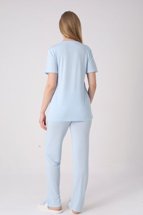 Classy Lace Collar 3-Piece Maternity-Nursing Pajama & Jacquard Robe Set Blue - 3476
