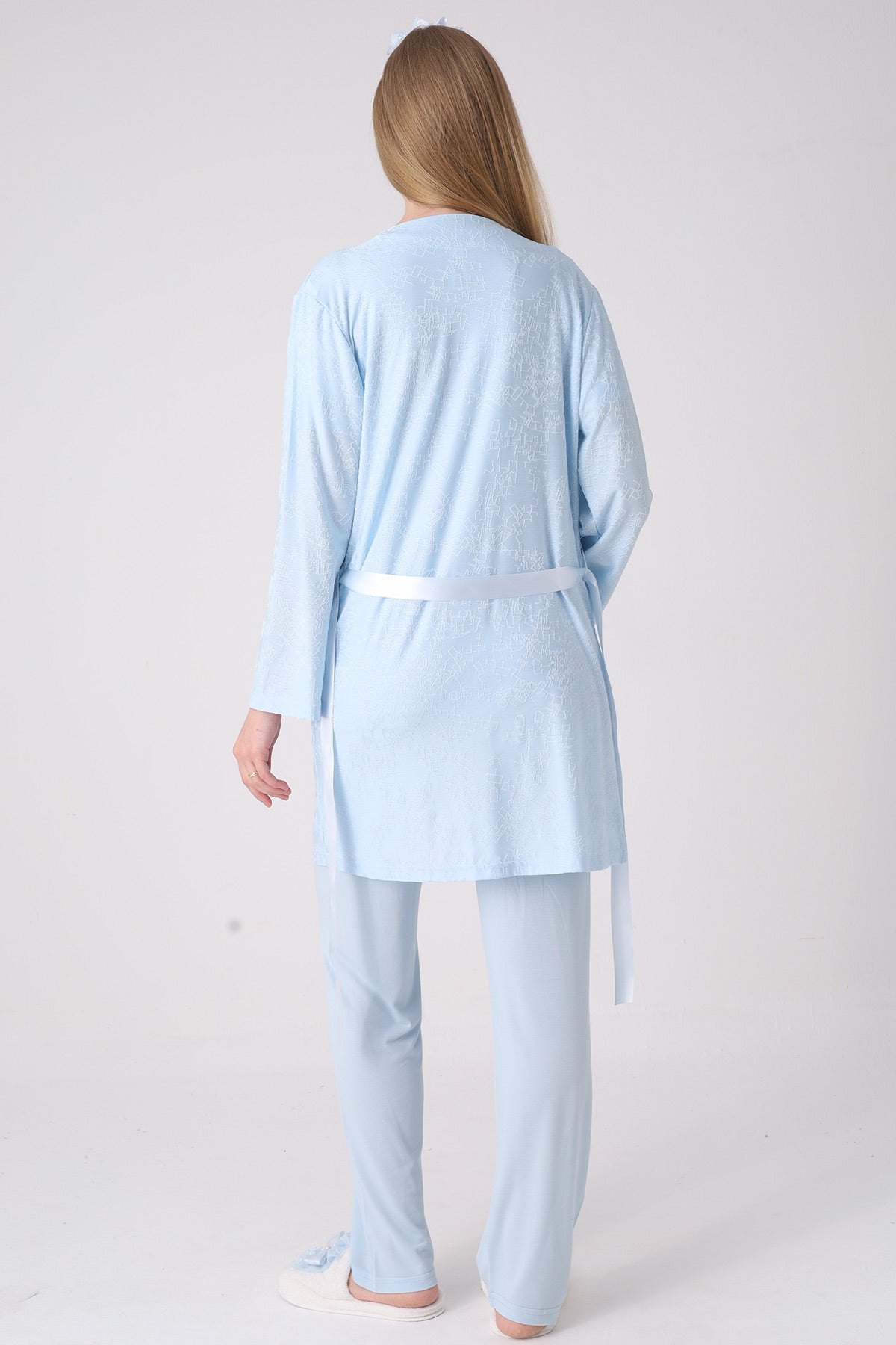 Classy Lace Collar 3-Piece Maternity-Nursing Pajama & Jacquard Robe Set Blue - 3476