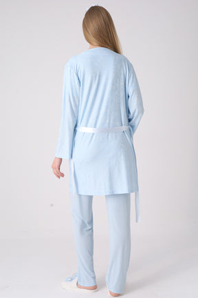 Classy Lace Collar 3-Piece Maternity-Nursing Pajama & Jacquard Robe Set Blue - 3476