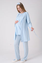 Classy Lace Collar 3-Piece Maternity-Nursing Pajama & Jacquard Robe Set Blue - 3476