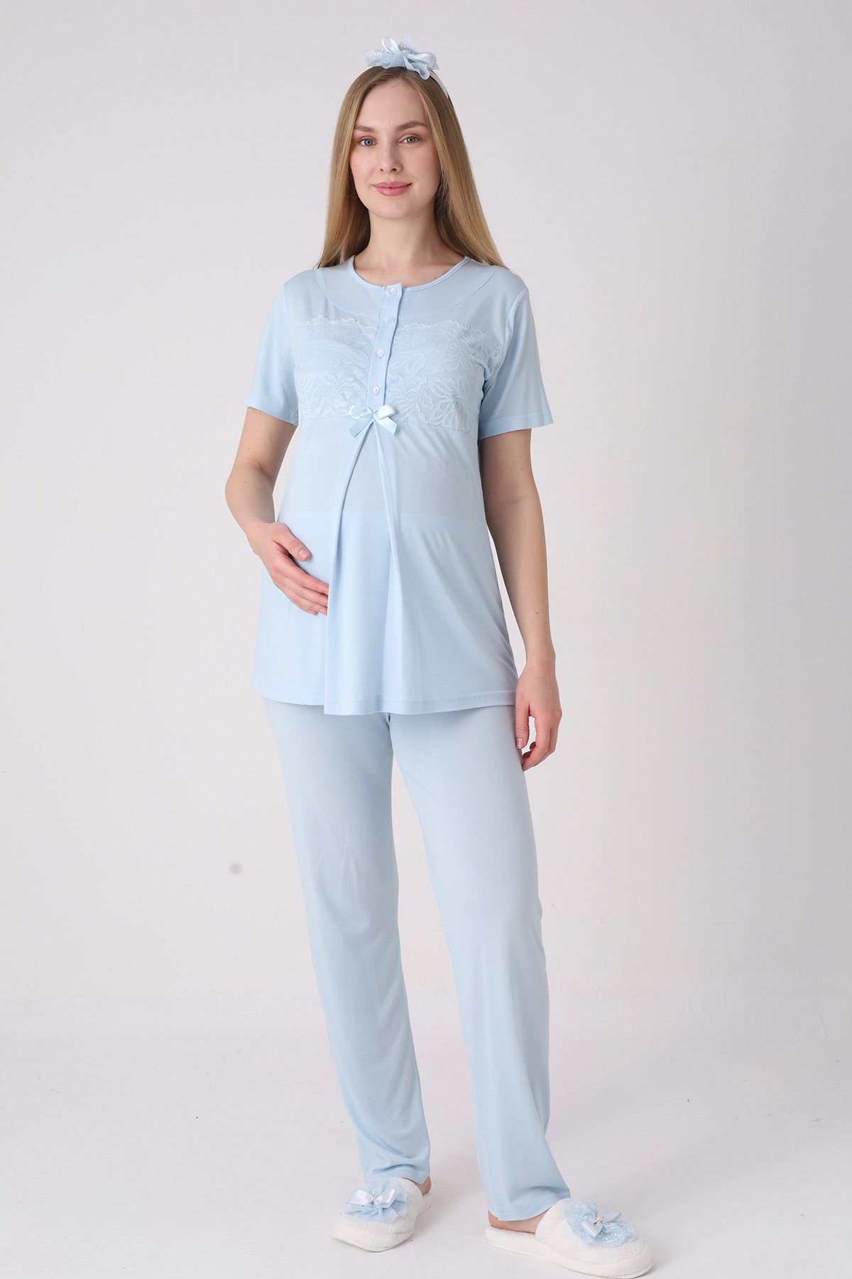 Classy Lace Collar 3-Piece Maternity-Nursing Pajama & Jacquard Robe Set Blue - 3476