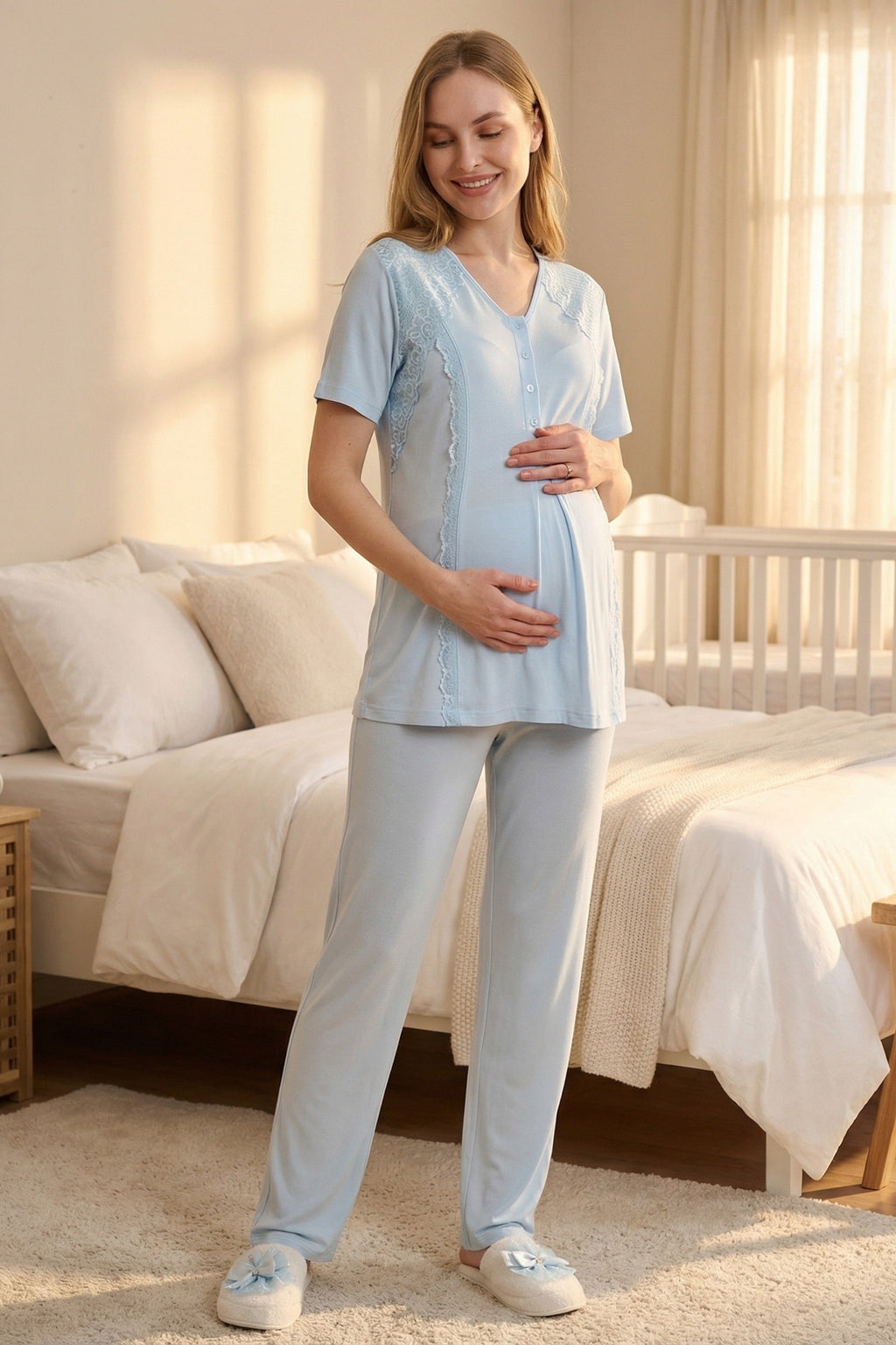 Elegant Lace Detailed 3-Piece Maternity-Nursing Pajama & Jacquard Robe Set Blue - 3477