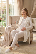 Elegant Lace Detailed 3-Piece Maternity-Nursing Pajama & Jacquard Robe Set Ecru - 3477