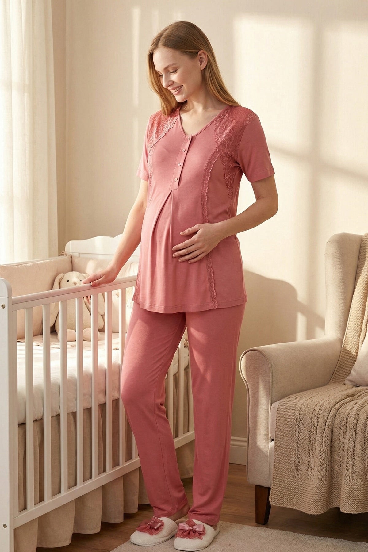 Elegant Lace Detailed 3-Piece Maternity-Nursing Pajama & Jacquard Robe Set Pomegranate Red - 3477