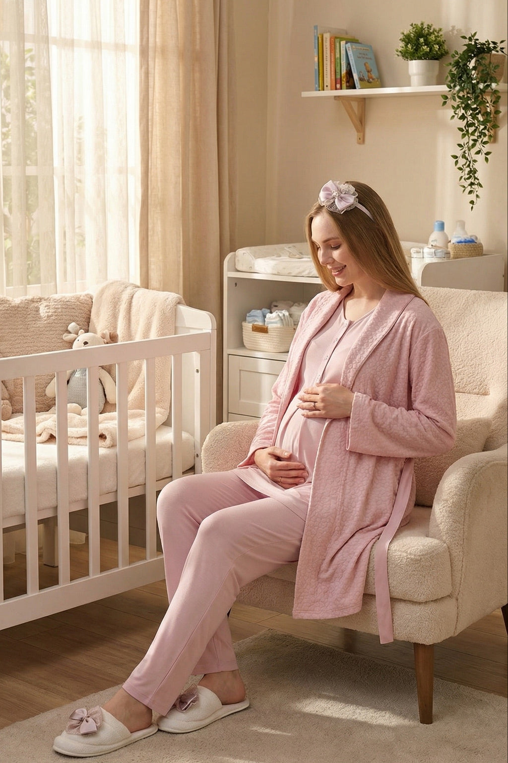 Elegant Lace Detailed 3-Piece Maternity-Nursing Pajama & Jacquard Robe Set Powder - 3477