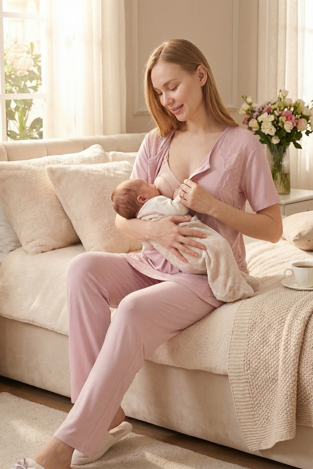 Elegant Lace Detailed 3-Piece Maternity-Nursing Pajama & Jacquard Robe Set Powder - 3477