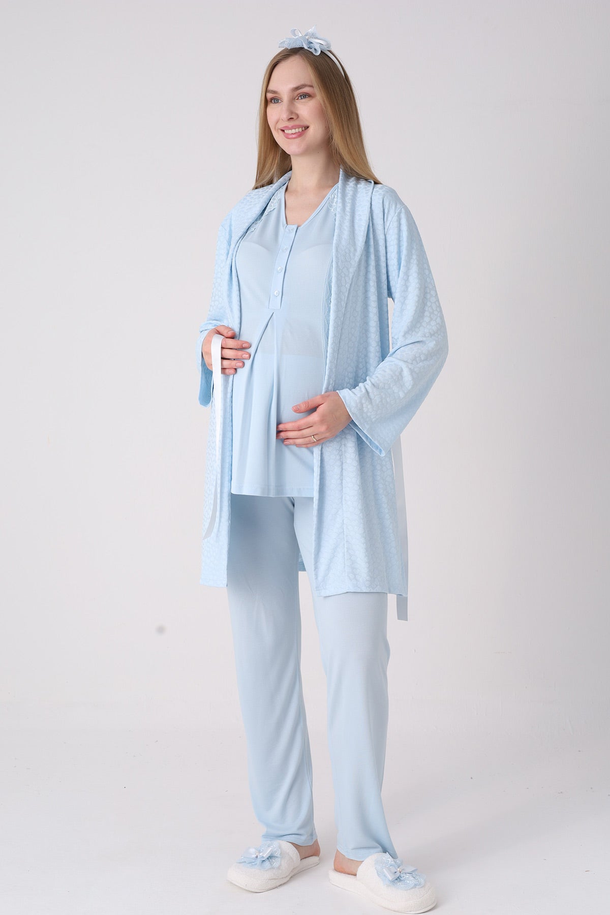 Elegant Lace Detailed 3-Piece Maternity-Nursing Pajama & Jacquard Robe Set Blue - 3477