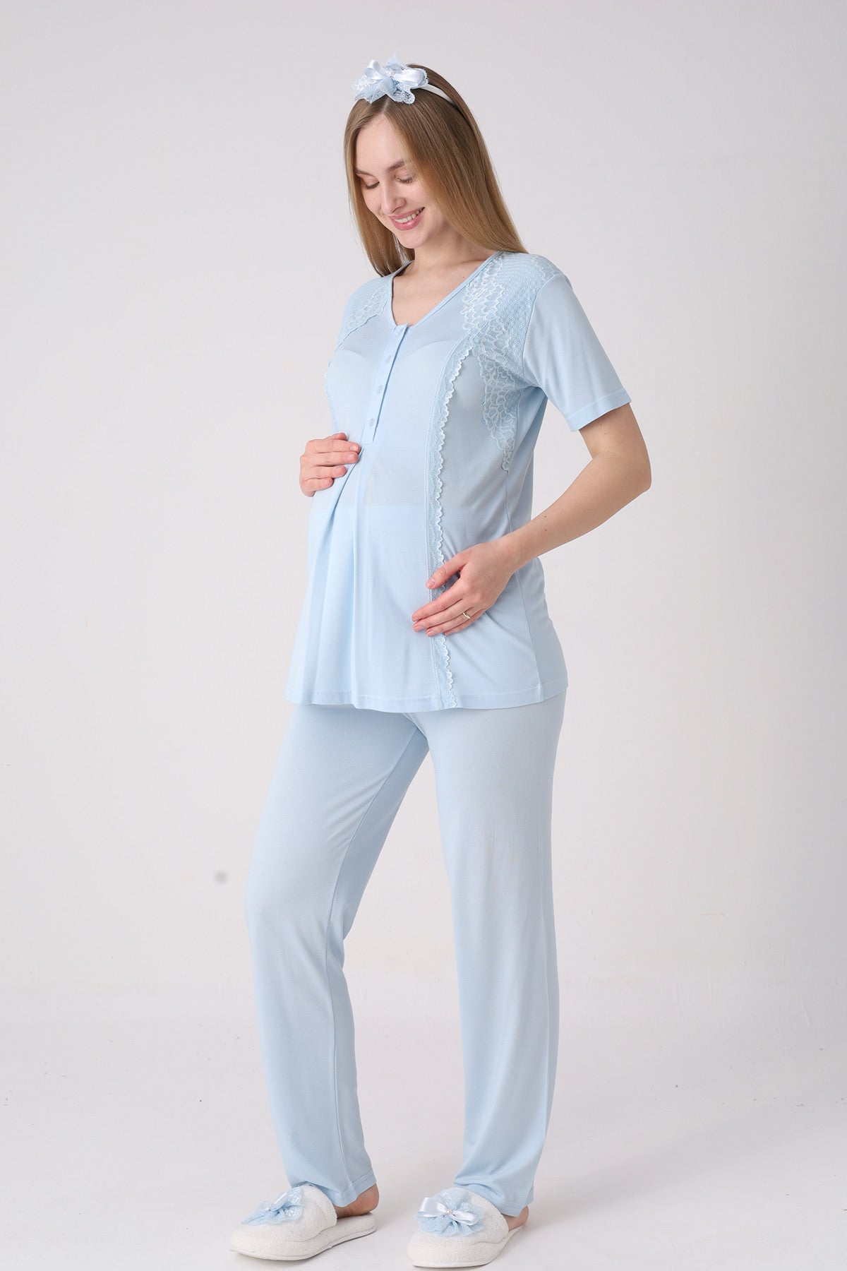 Elegant Lace Detailed 3-Piece Maternity-Nursing Pajama & Jacquard Robe Set Blue - 3477