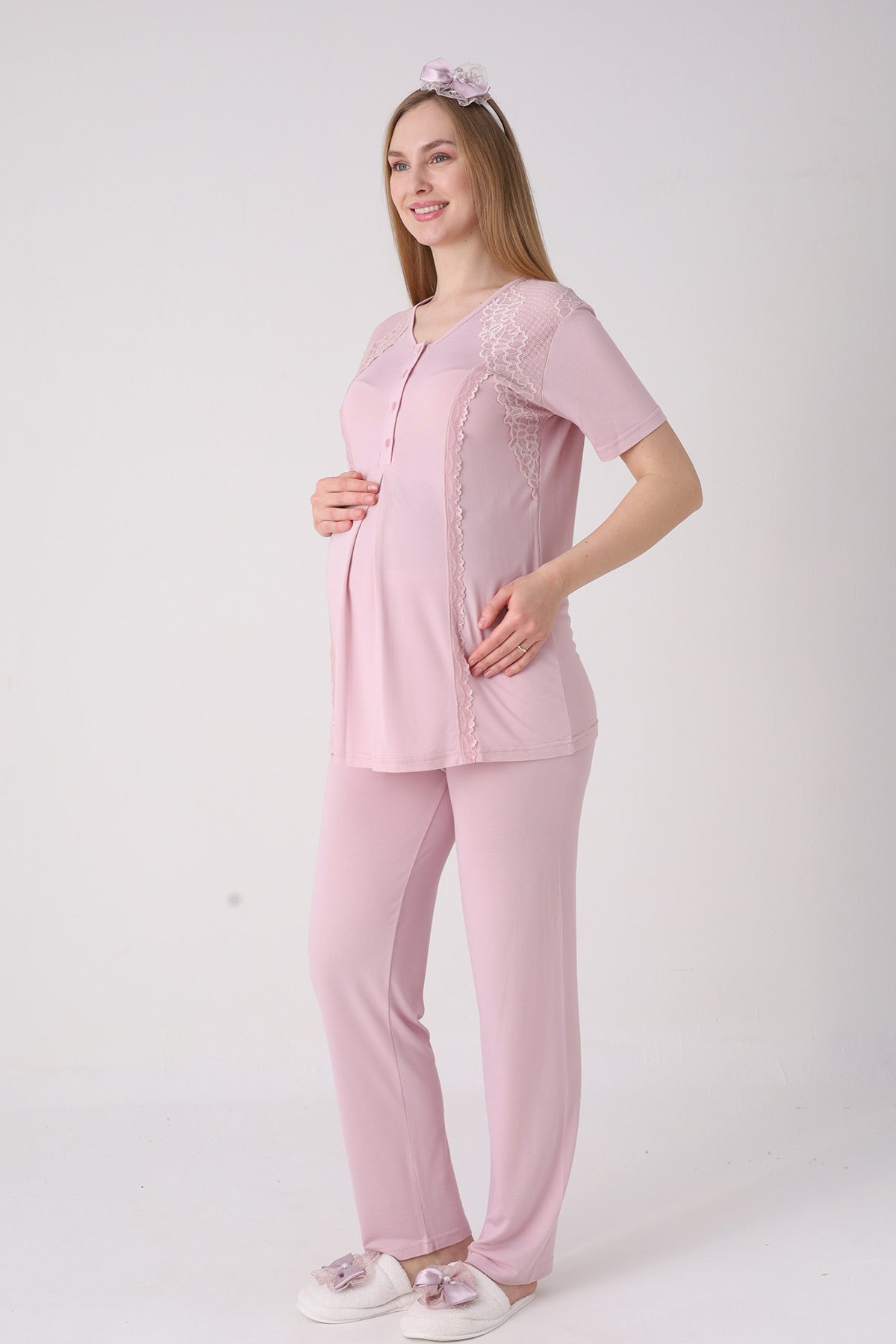 Elegant Lace Detailed 3-Piece Maternity-Nursing Pajama & Jacquard Robe Set Powder - 3477