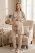 Lace Embroidered 3-Piece Maternity-Nursing Pajama & Robe Set Mink - 3478