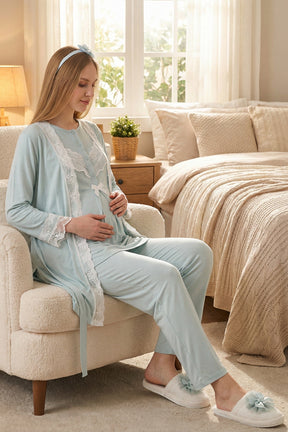 Lace Embroidered 3-Piece Maternity-Nursing Pajama & Robe Set Mint - 3478