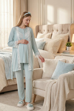 Lace Embroidered 3-Piece Maternity-Nursing Pajama & Robe Set Mint - 3478