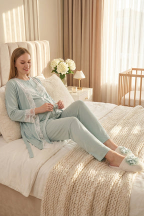 Lace Embroidered 3-Piece Maternity-Nursing Pajama & Robe Set Mint - 3478