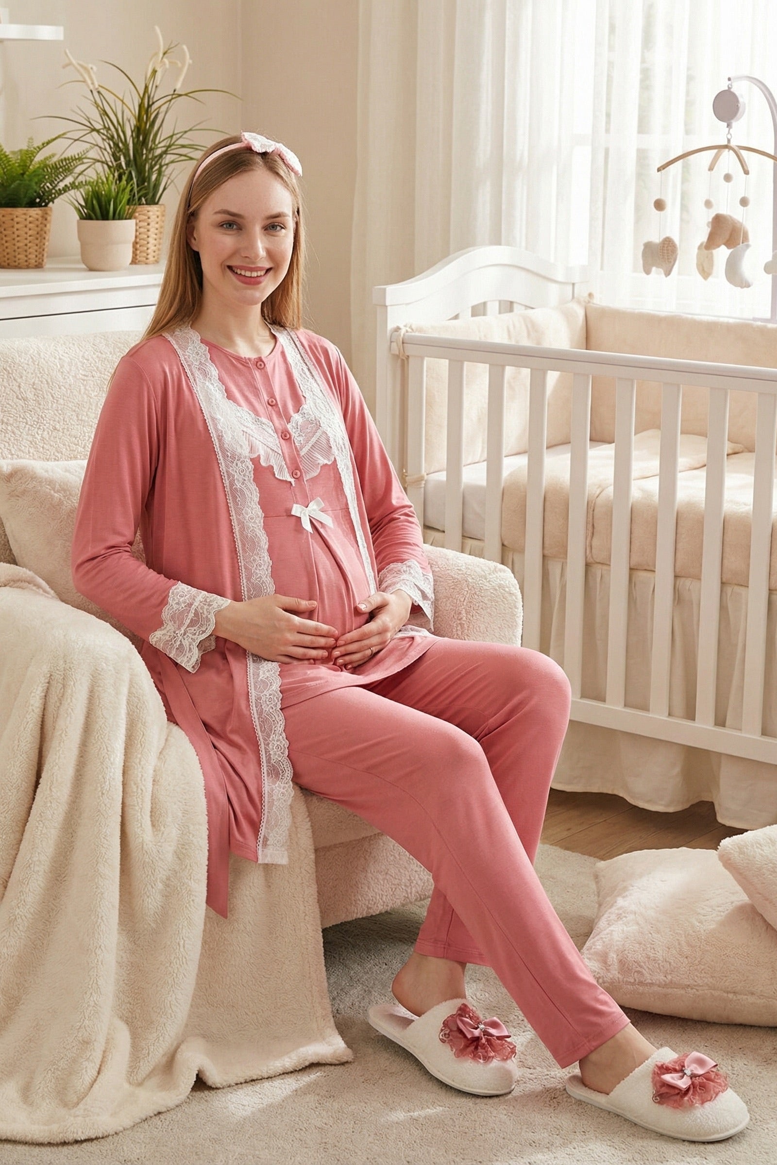 Lace Embroidered 3-Piece Maternity-Nursing Pajama & Robe Set Pomegranate Red - 3478