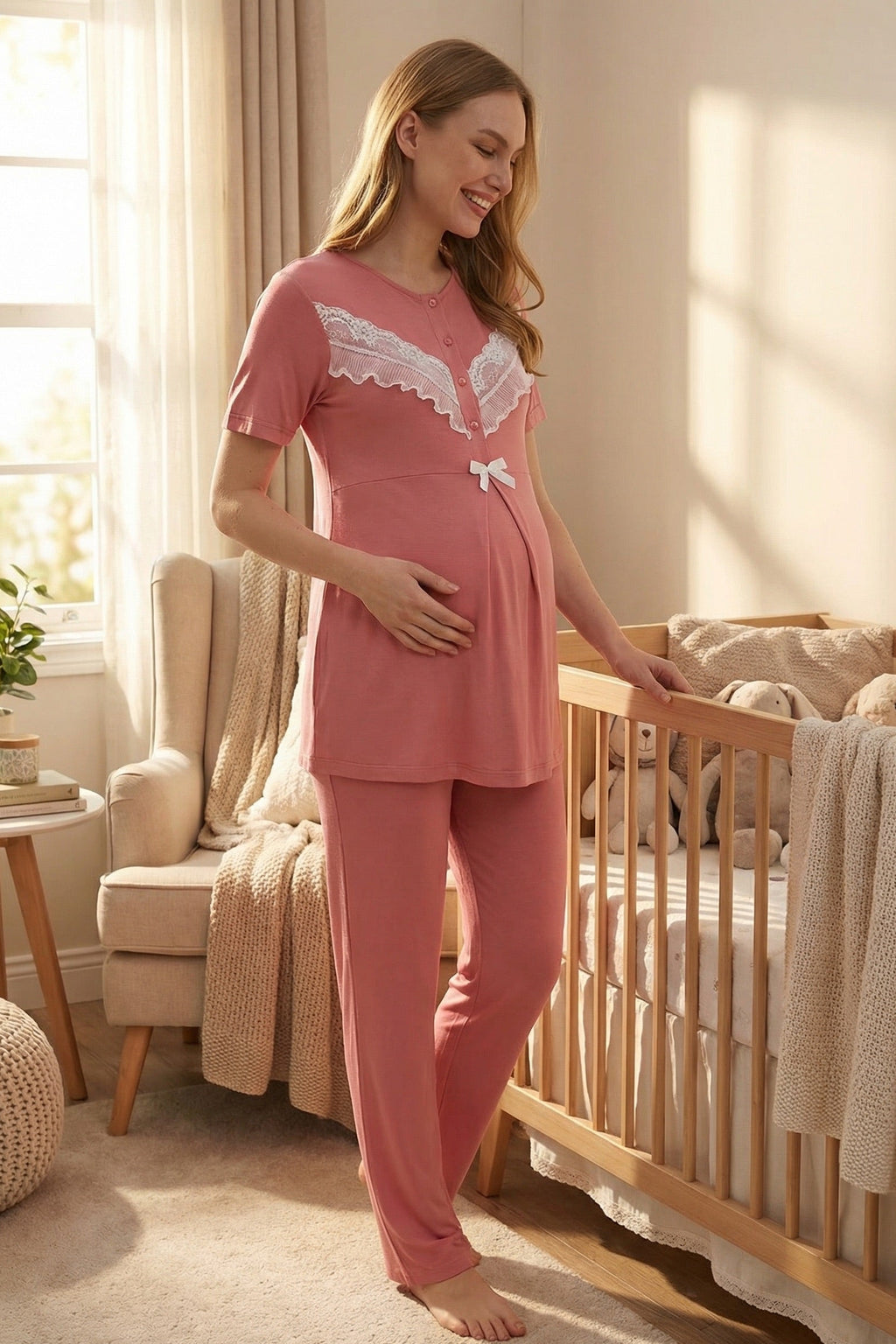 Lace Embroidered 3-Piece Maternity-Nursing Pajama & Robe Set Pomegranate Red - 3478