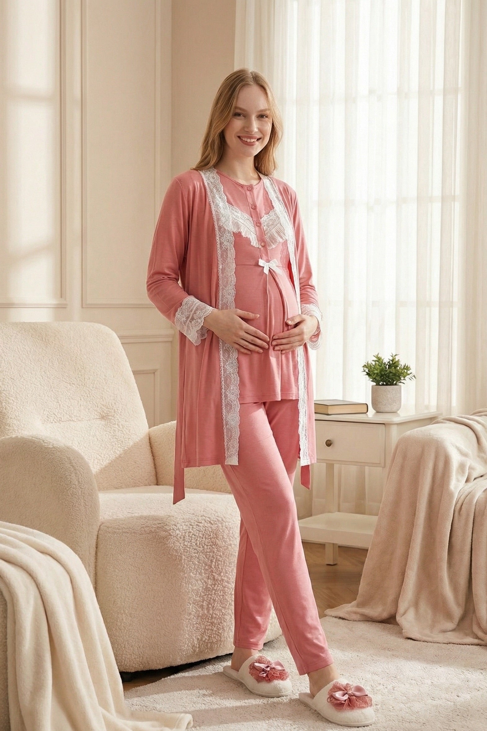 Lace Embroidered 3-Piece Maternity-Nursing Pajama & Robe Set Pomegranate Red - 3478