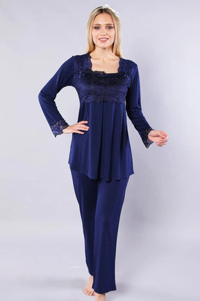 Lace Detailed 3-Pieces Maternity & Nursing Pajamas With Robe Navy Blue - 4004