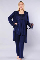 Lace Detailed 3-Pieces Maternity & Nursing Pajamas With Robe Navy Blue - 4004