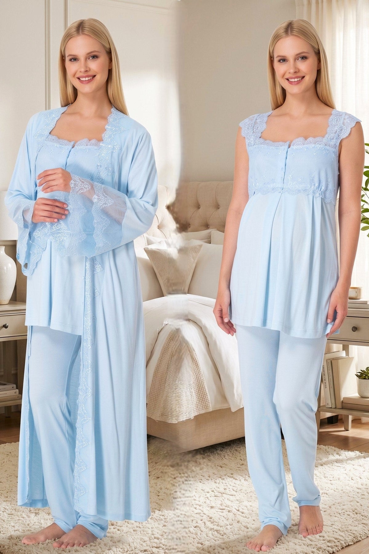 Lace Shoulder 3-Piece Maternity-Nursing Pajama & Flywheel Arm Robe Set Blue - 4064