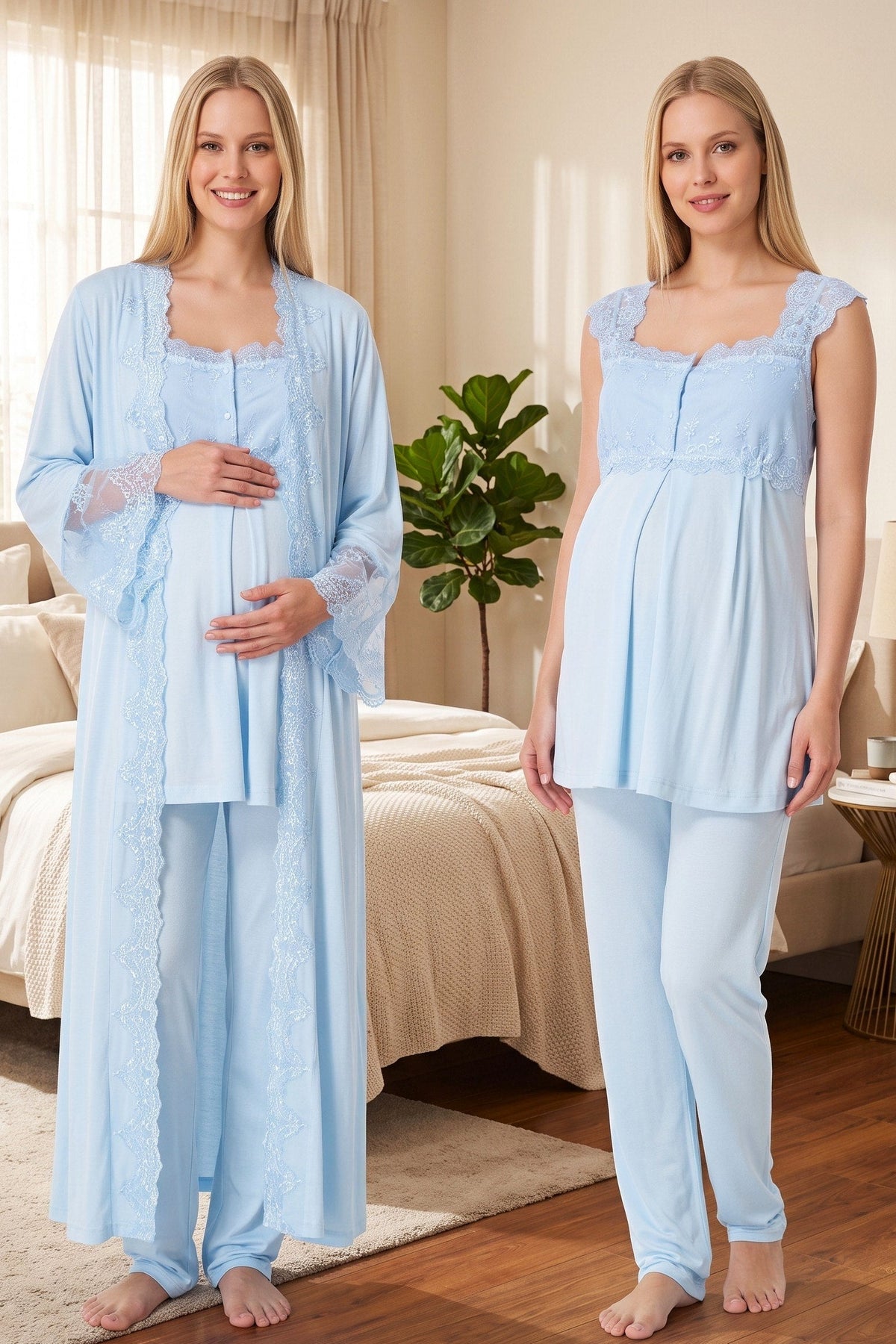 Lace Shoulder 3-Piece Maternity-Nursing Pajama & Flywheel Arm Robe Set Blue - 4064