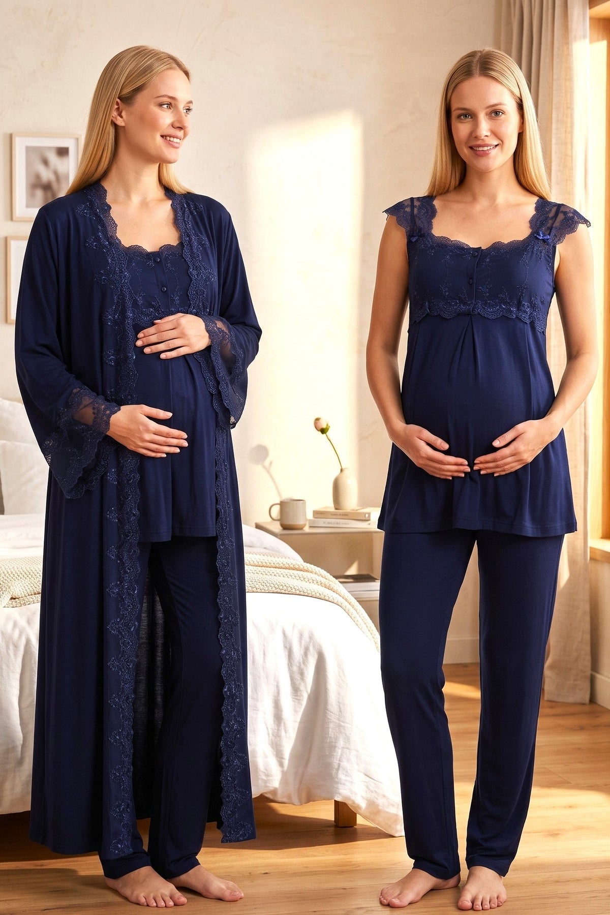 Lace Shoulder 3-Piece Maternity-Nursing Pajama & Flywheel Arm Robe Set Navy Blue - 4064
