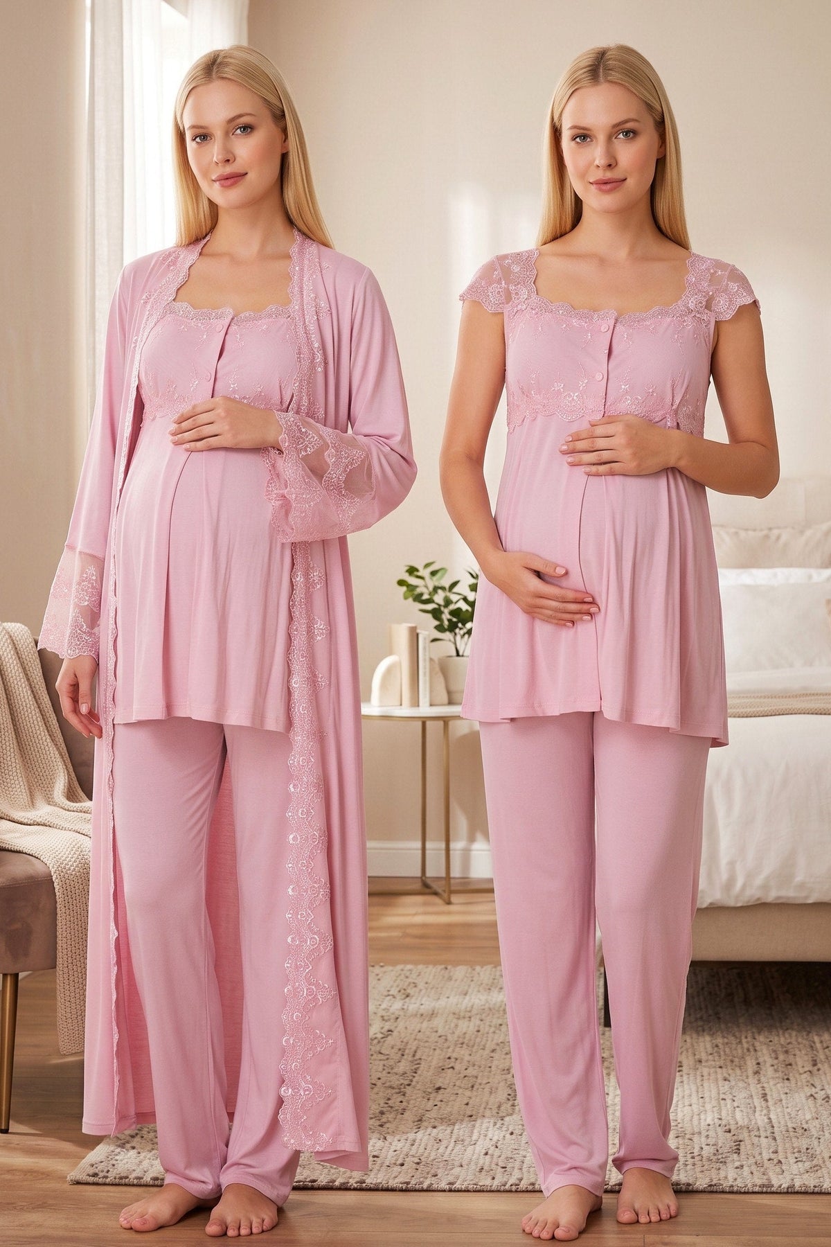 Lace Shoulder 3-Piece Maternity-Nursing Pajama & Flywheel Arm Robe Set Pink - 4064