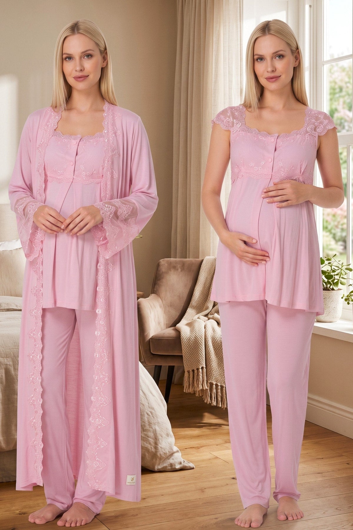 Lace Shoulder 3-Piece Maternity-Nursing Pajama & Flywheel Arm Robe Set Pink - 4064