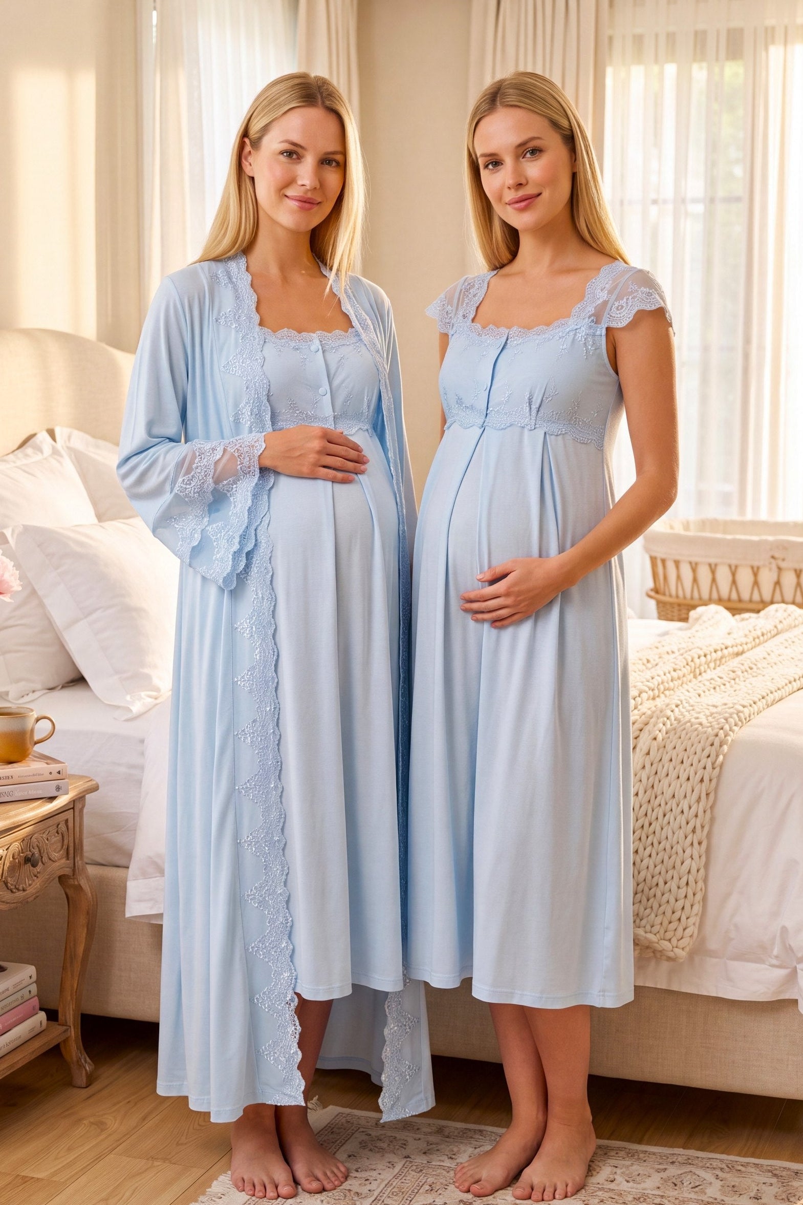 Lace Shoulder Maternity-Nursing Nightgown & Flywheel Arm Robe Set Blue - 4065