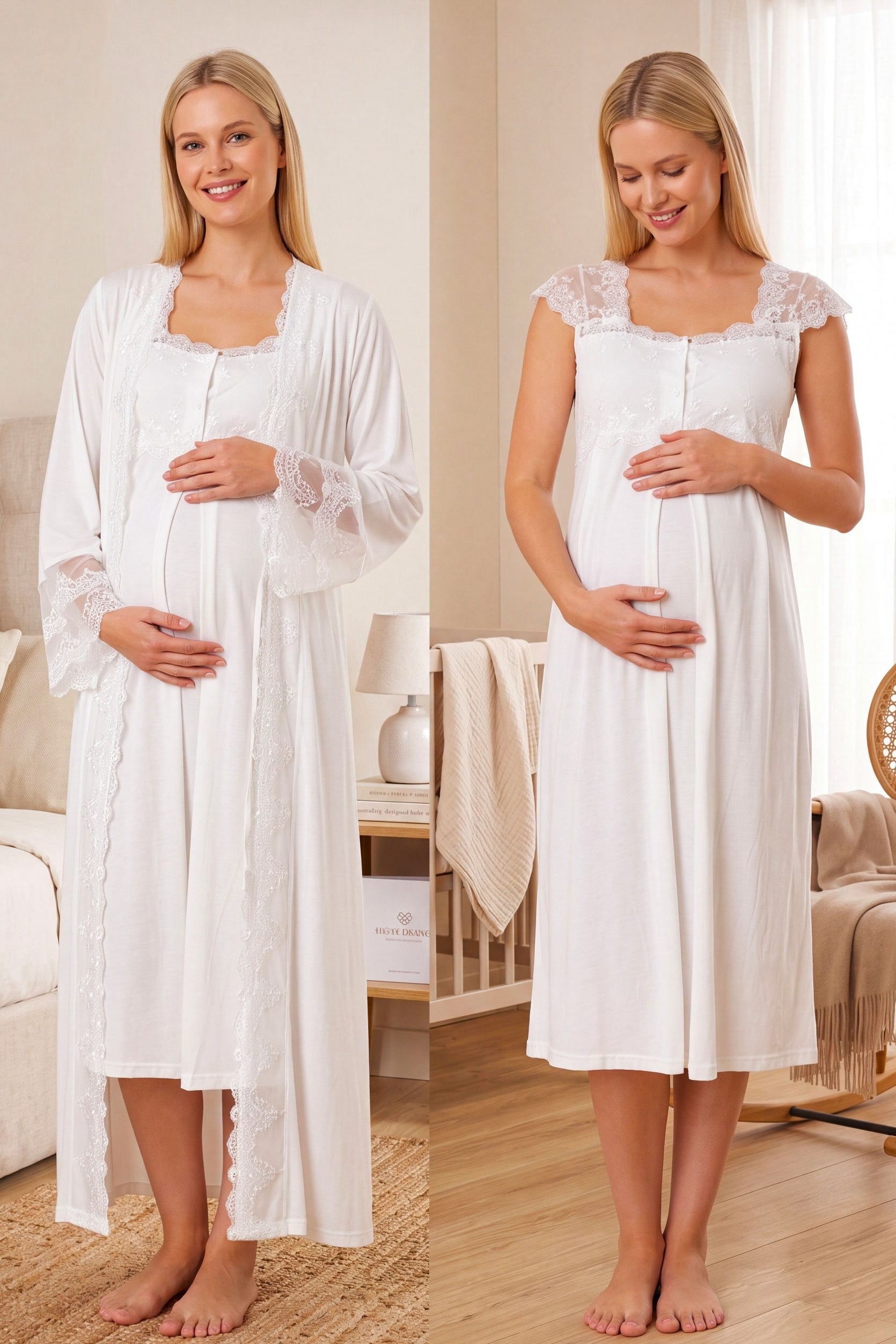 Lace Shoulder Maternity-Nursing Nightgown & Flywheel Arm Robe Set Ecru - 4065