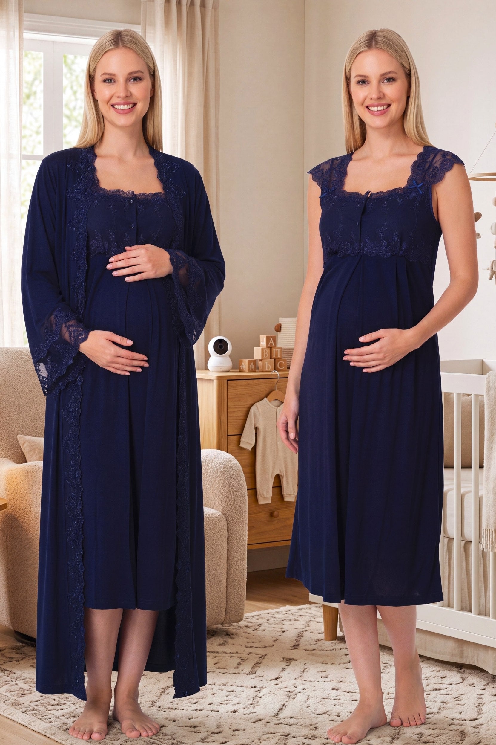 Lace Shoulder Maternity-Nursing Nightgown & Flywheel Arm Robe Set Navy Blue - 4065