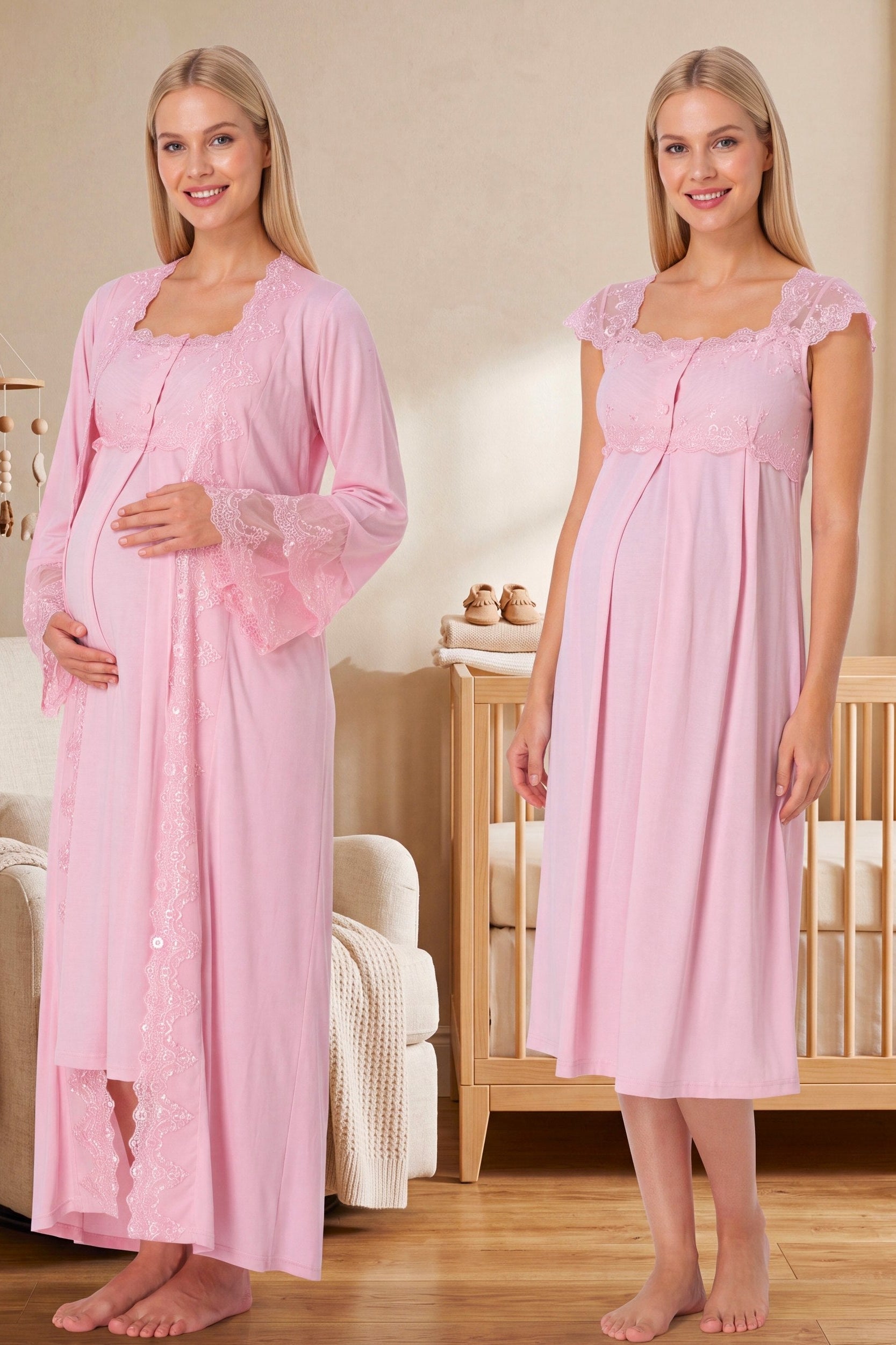 Lace Shoulder Maternity-Nursing Nightgown & Flywheel Arm Robe Set Pink - 4065