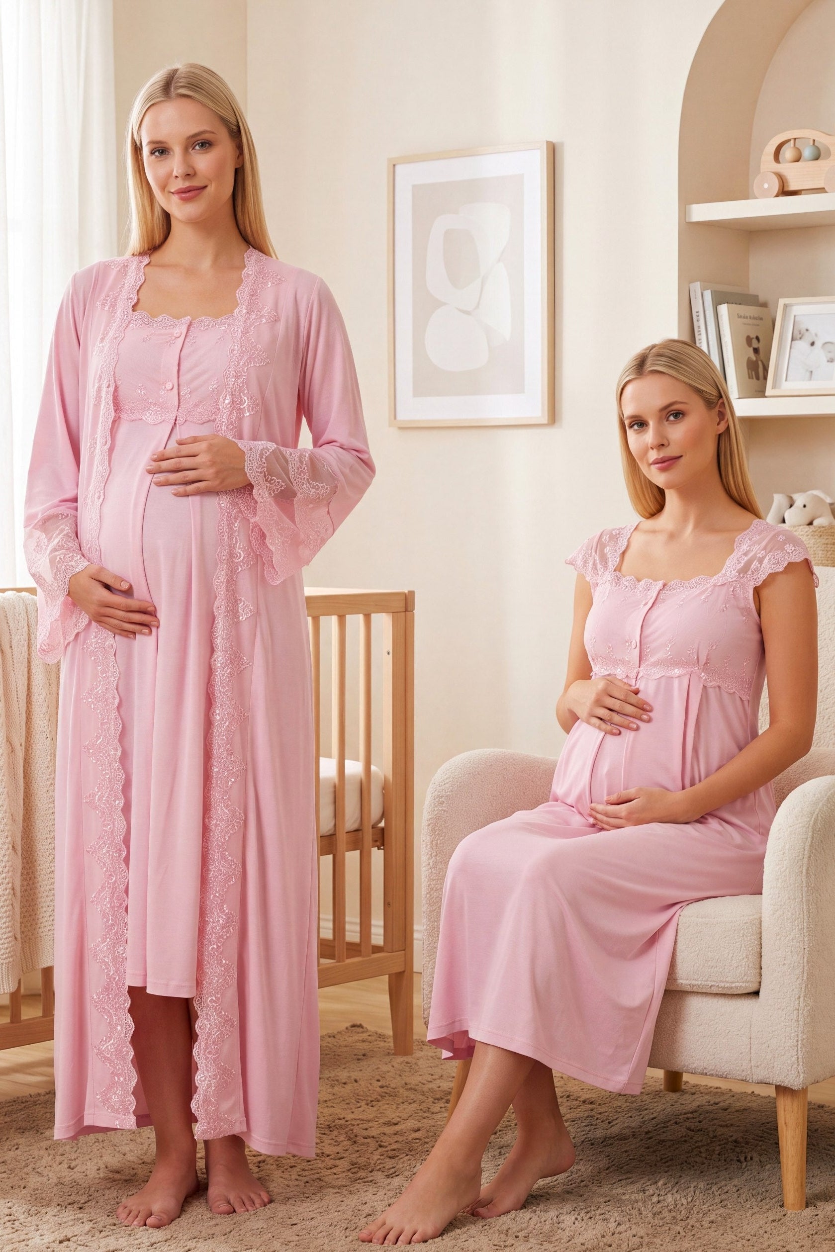 Lace Shoulder Maternity-Nursing Nightgown & Flywheel Arm Robe Set Pink - 4065