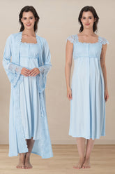 Lace Shoulder Maternity-Nursing Nightgown & Flywheel Arm Robe Set Blue - 4065