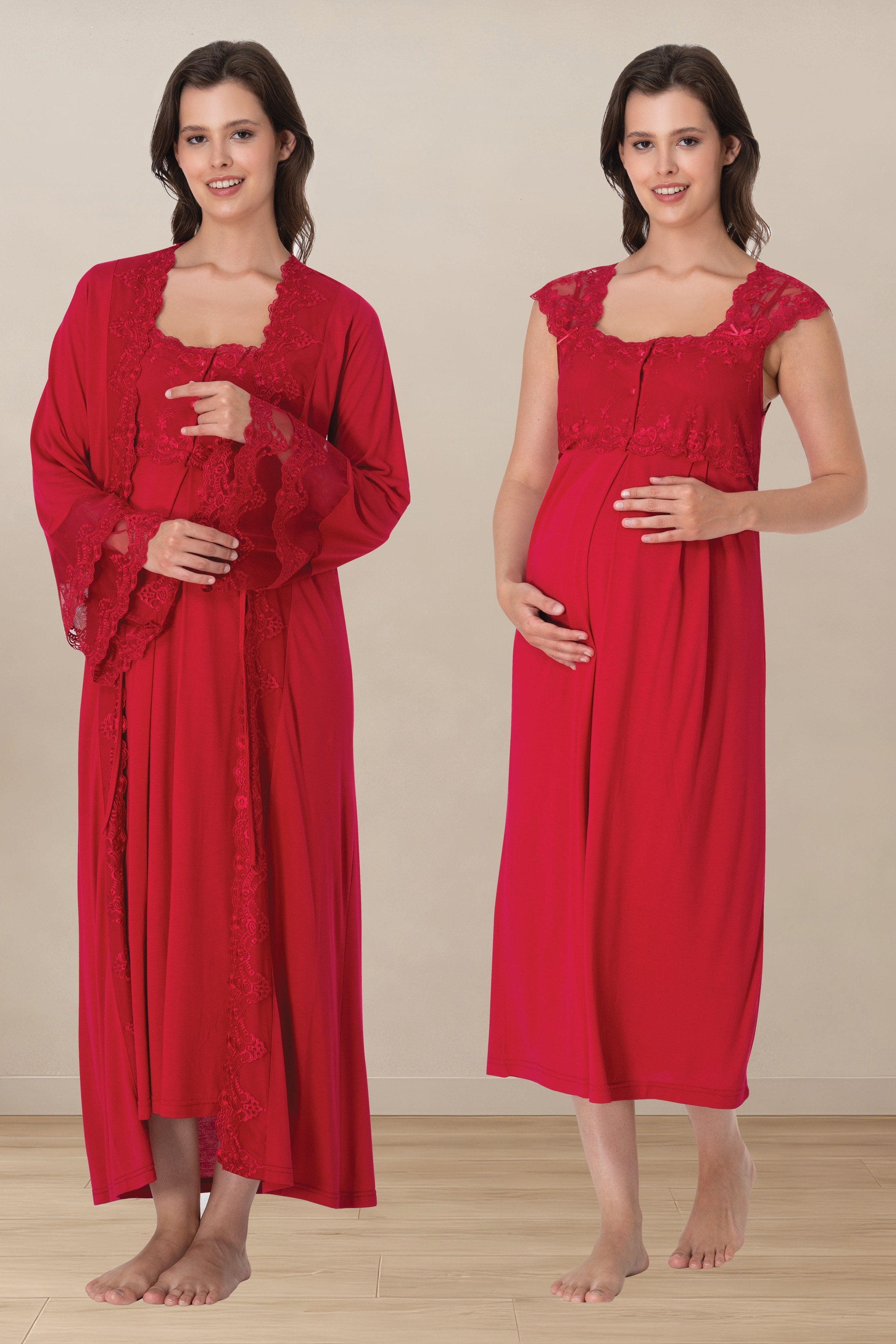 Lace Shoulder Maternity-Nursing Nightgown & Flywheel Arm Robe Set Cherry - 4065