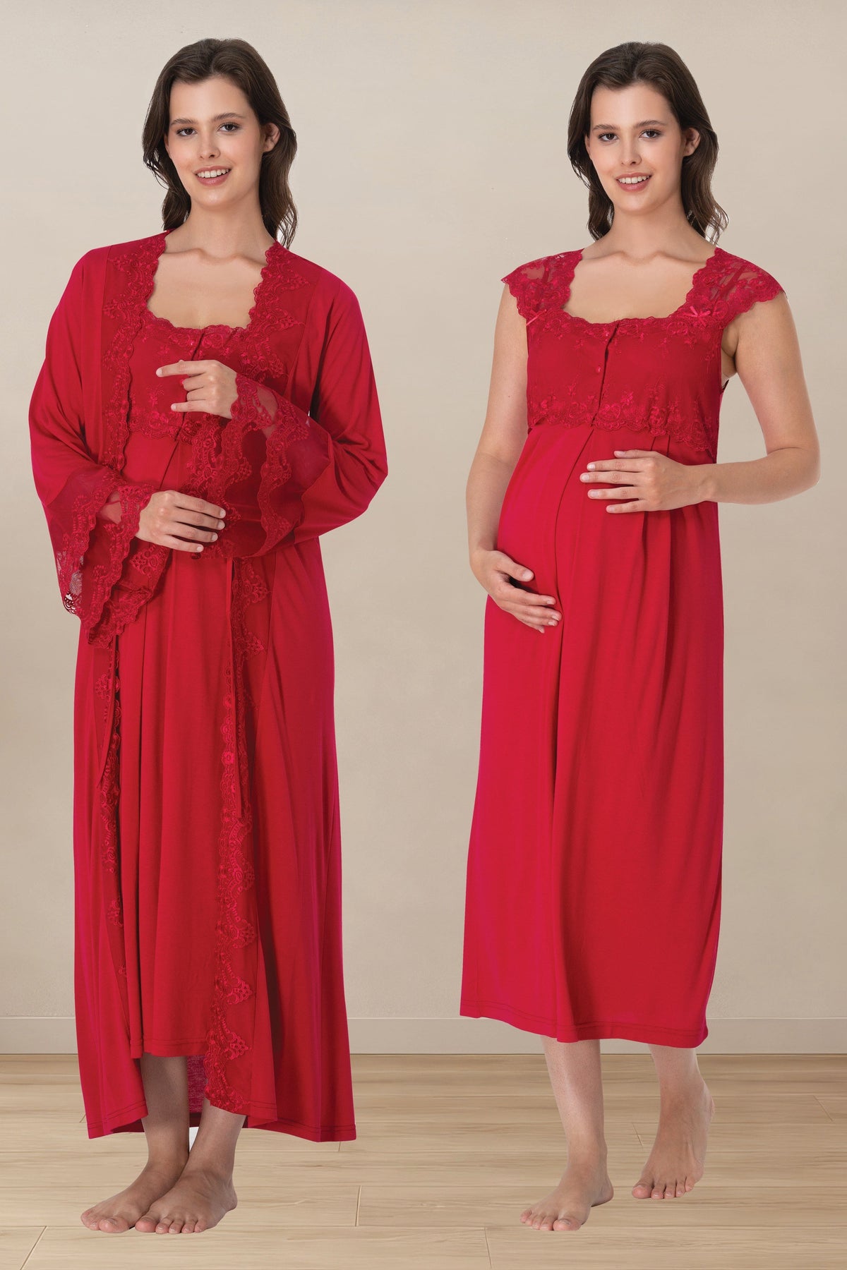 Lace Shoulder Maternity-Nursing Nightgown & Flywheel Arm Robe Set Cherry - 4065