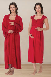 Lace Shoulder Maternity-Nursing Nightgown & Flywheel Arm Robe Set Cherry - 4065
