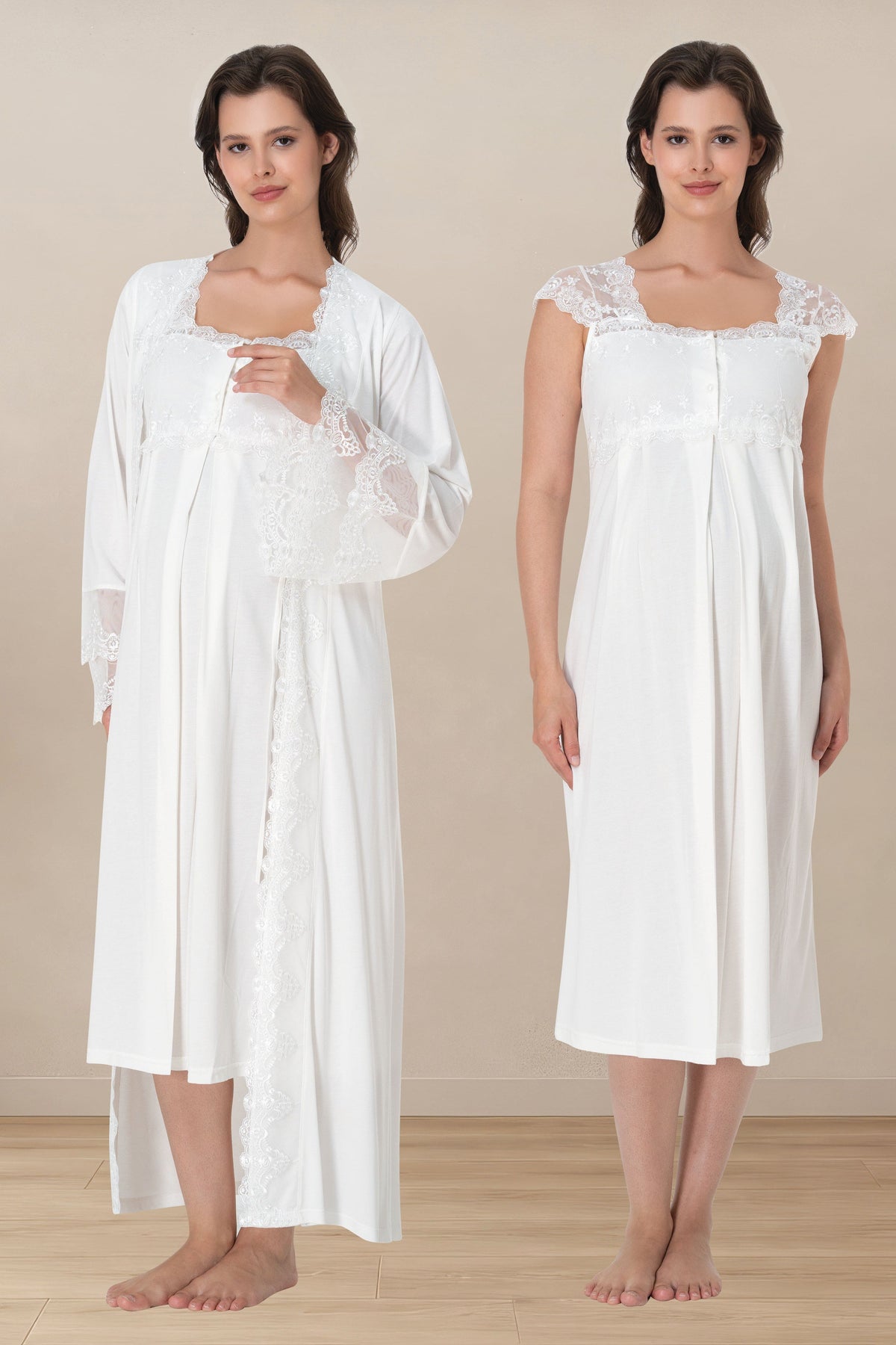 Lace Shoulder Maternity-Nursing Nightgown & Flywheel Arm Robe Set Ecru - 4065