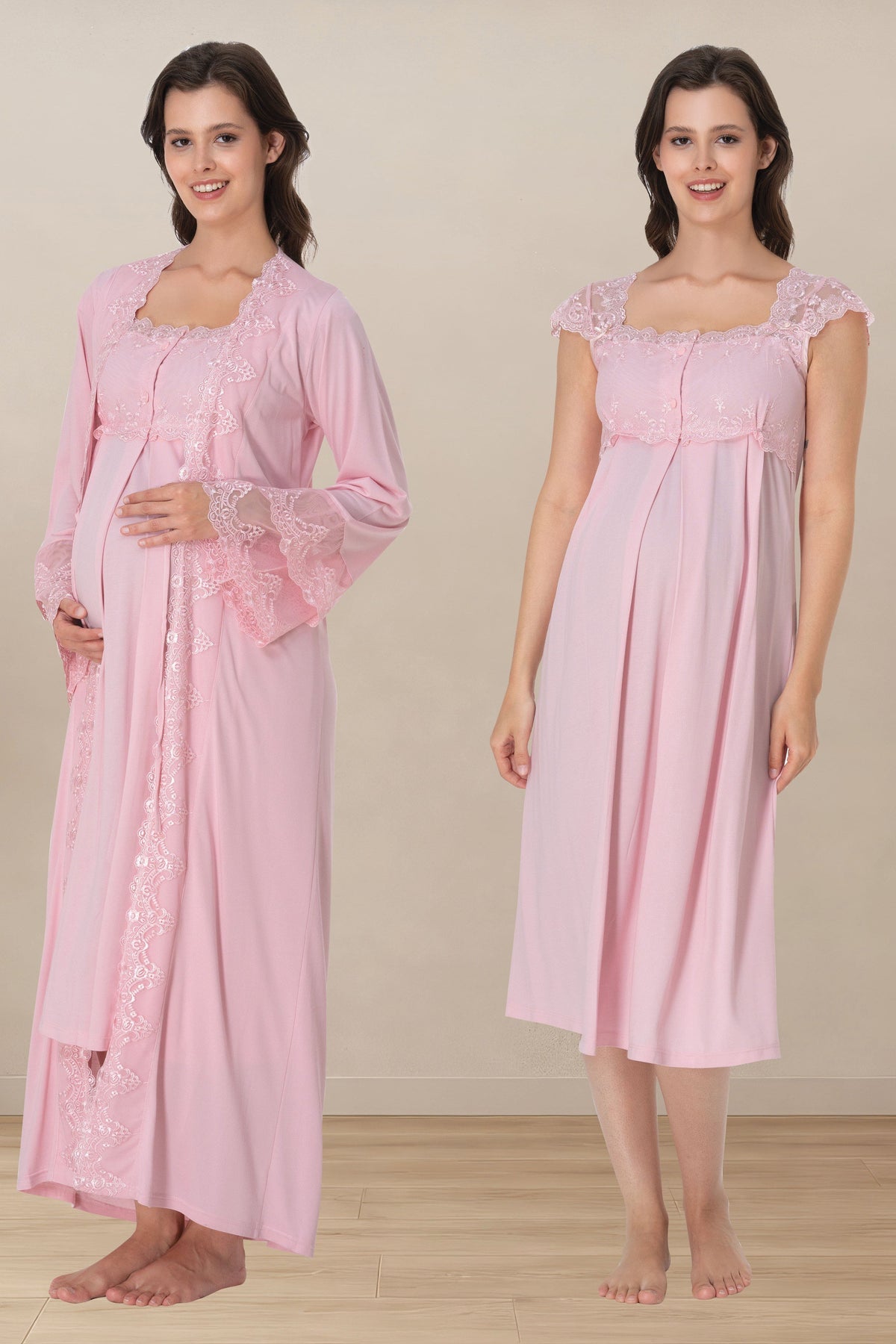 Lace Shoulder Maternity-Nursing Nightgown & Flywheel Arm Robe Set Pink - 4065