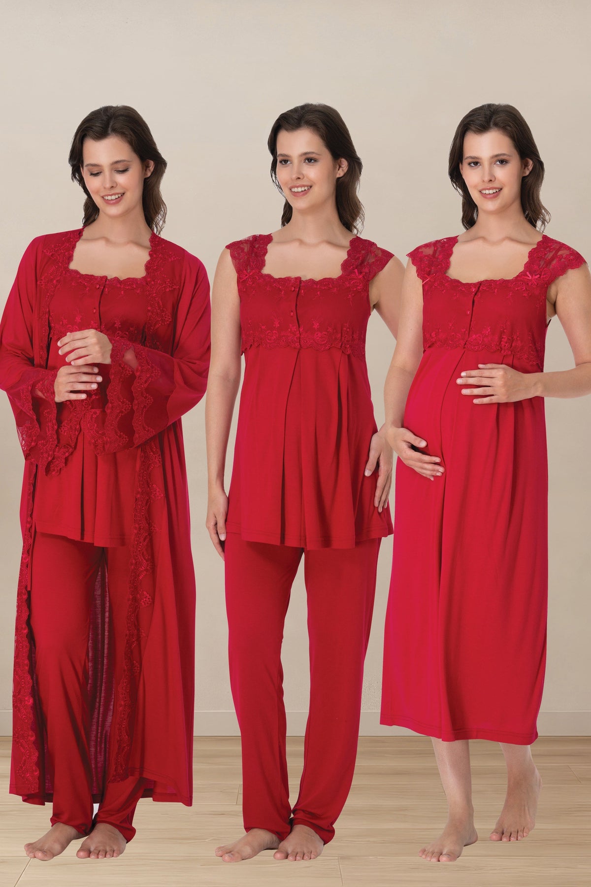 Flywheel Arm Lace Shoulder 4-Piece Maternity-Nursing Set Cherry - 4066