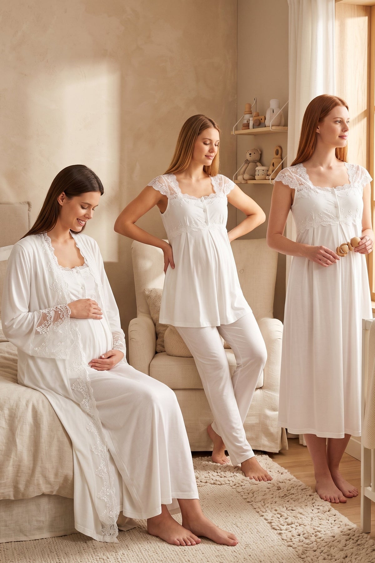 Flywheel Arm Lace Shoulder 4-Piece Maternity-Nursing Set Ecru - 4066
